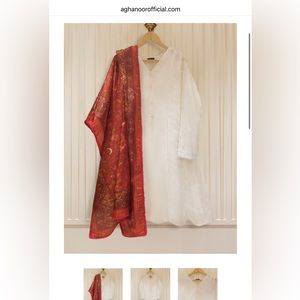 Agha noor white two piece cotton net frock with silk duppata